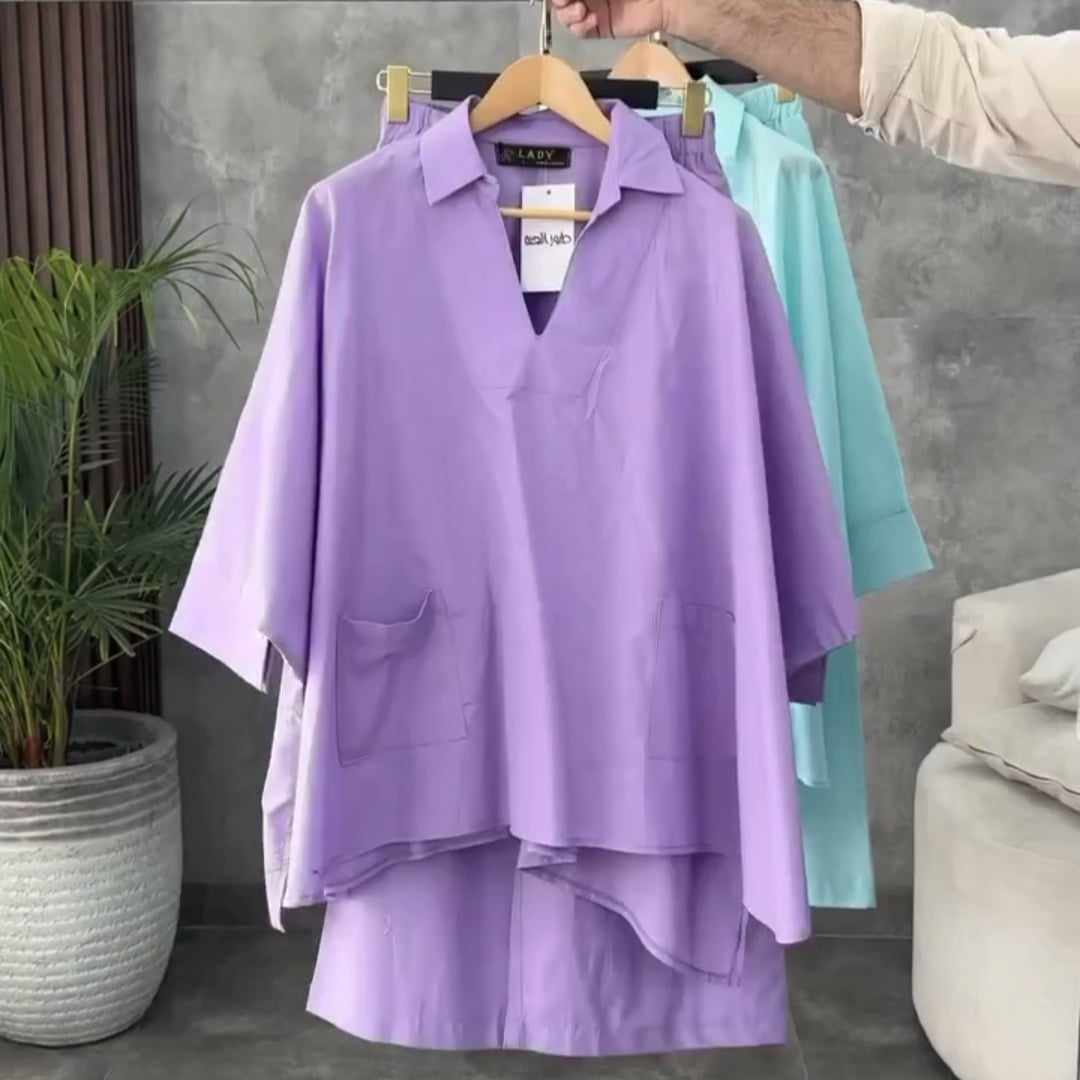 Batwing V-Collar Style Turkish Lawn 2-Pcs Stiched Co-Ord Set.