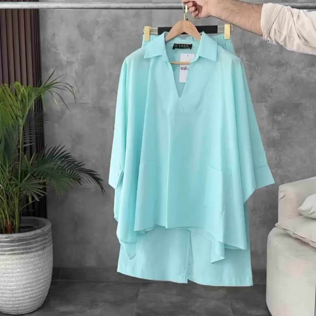 Batwing V-Collar Style Turkish Lawn 2-Pcs Stiched Co-Ord Set.