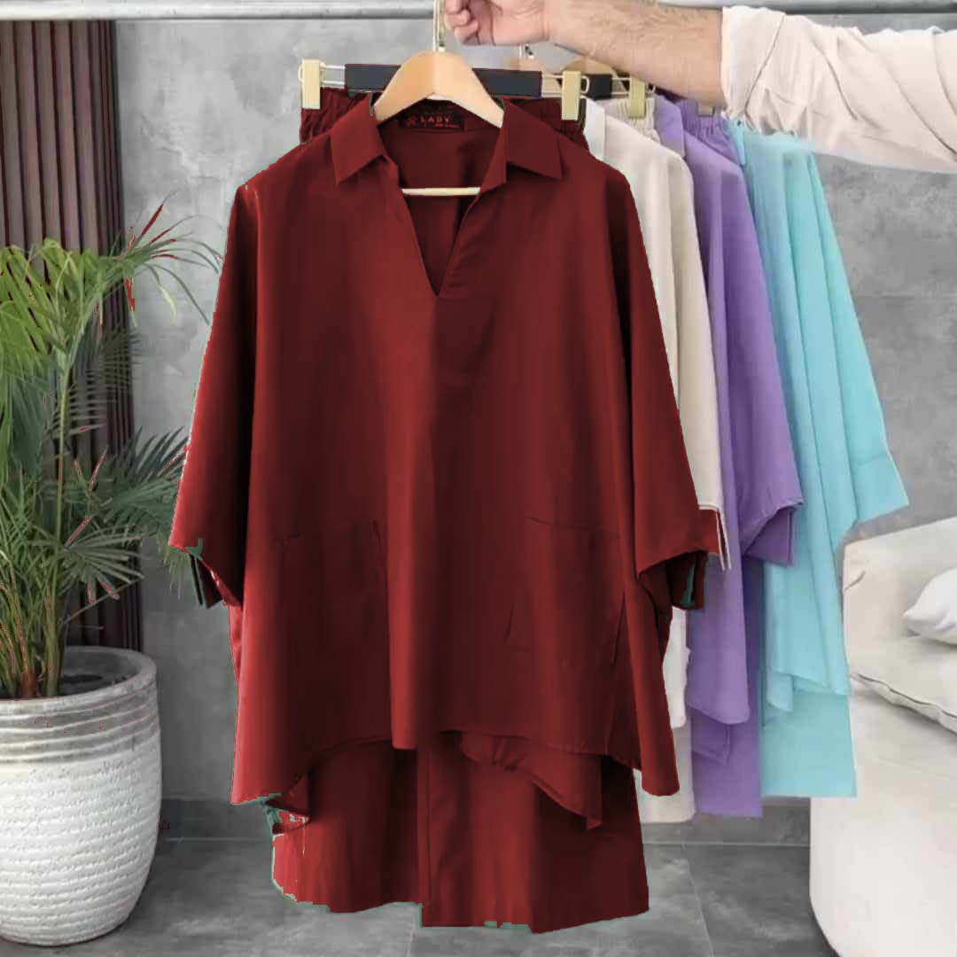 Batwing V-Collar Style Turkish Lawn 2-Pcs Stiched Co-Ord Set.