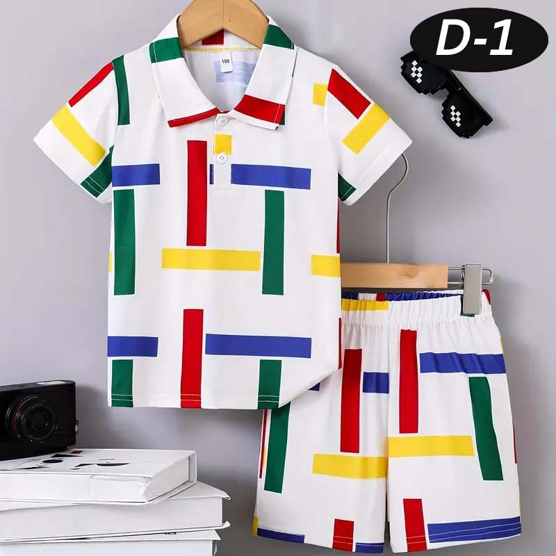 Multi-Lining Polo Style All-Over 3D Printed 2-Pcs Summer Suit For Kids. D-1