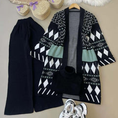 Long Printed Gown Style 3-Pcs Winter Co-Ord Suit. WWTS-27