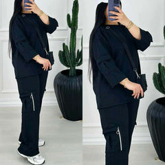 Drop-Shoulder 6-Pocket Cargo Zipper Style Western 2-Pcs Summer Tracksuit For Her. WSTS-06
