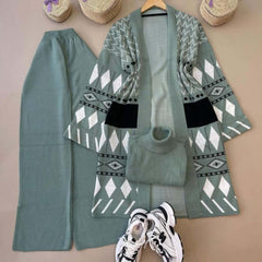 Long Printed Gown Style 3-Pcs Winter Co-Ord Suit. WWTS-27