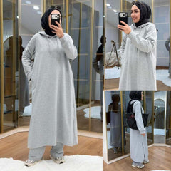 Long Pull-Over Hooded Abaya Style 2-Pcs Winter Suit. WWTS-51