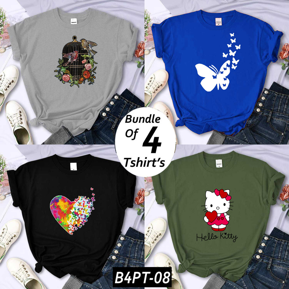 Bundle Of 4 Funky Printed R-Neck H-Sleeve Tshirt's For Her. B4PT-D8