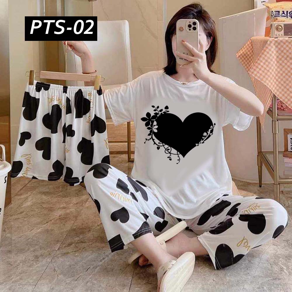 Heart Printed 3-Pcs Summer Launge & Night Wear Suit. PTS-02