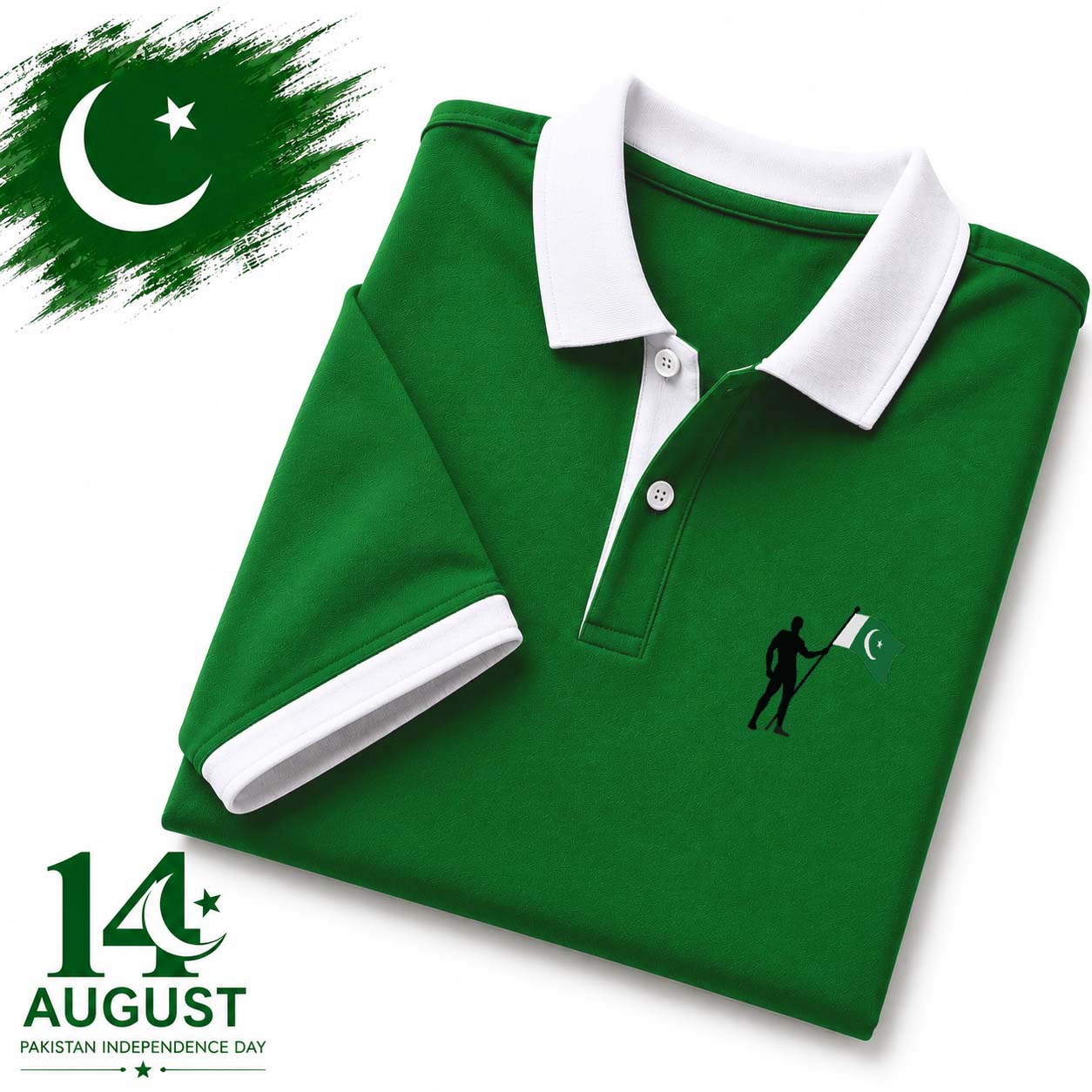 Bundle Of 2 Contrast Collar Style Hold Flag Logo Printed Azadi Polo Tshirt. V2 (White-CT+Green-Hold.Flag) (Copy)