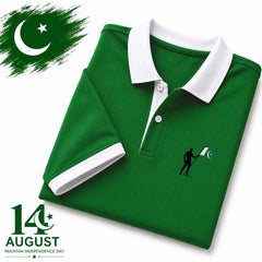 Bundle Of 2 Contrast Collar Style Hold Flag Logo Printed Azadi Polo Tshirt. V2 (White-CT+Green-Hold.Flag) (Copy)
