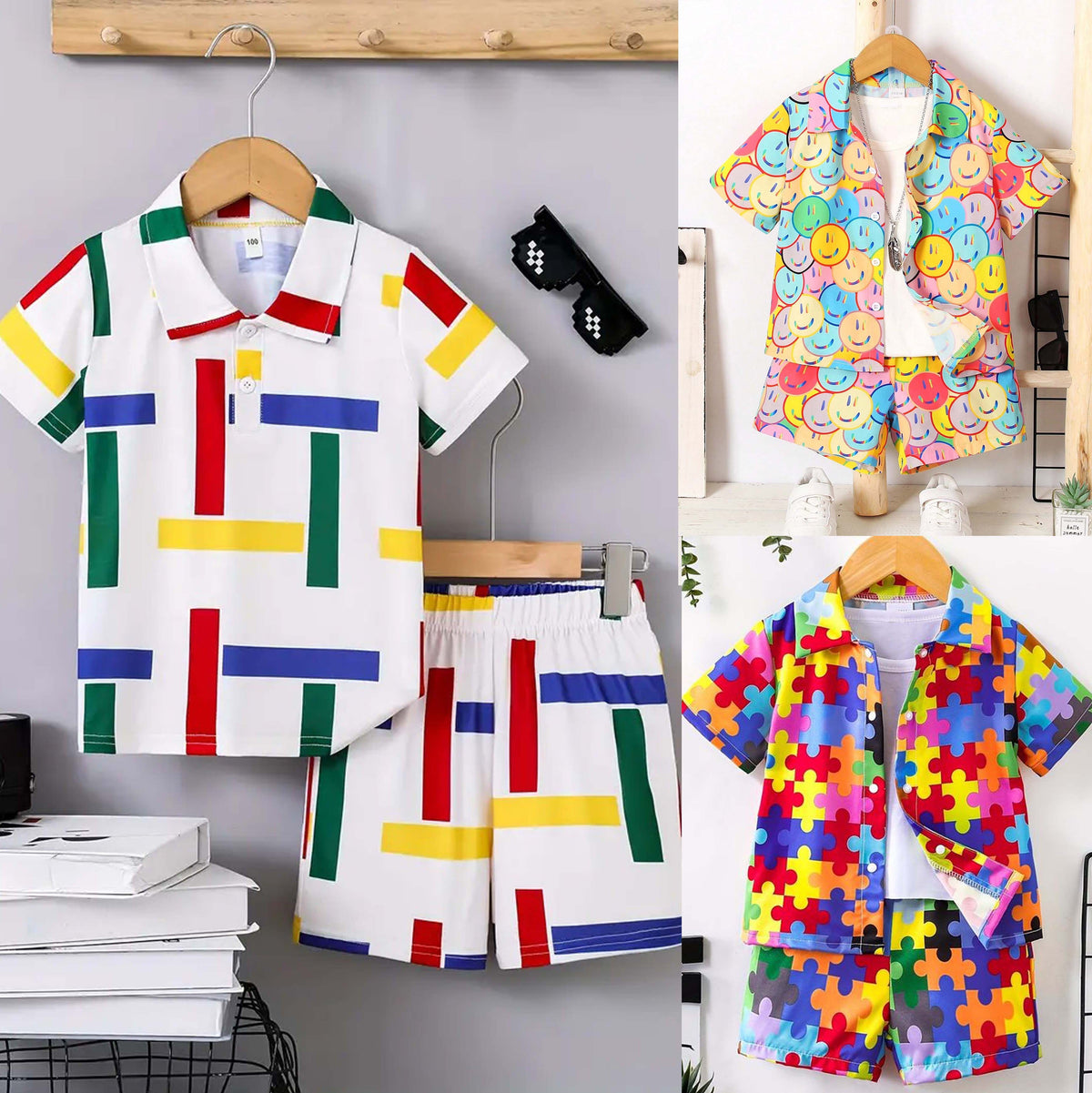 Bundle Of 3 All-Over 3D Printed 2-Pcs Summer Suit For Kids. D-01+04+07