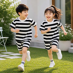 Black Kid's Stripe Printed 2-Pcs Summer Suit. KSPS-01