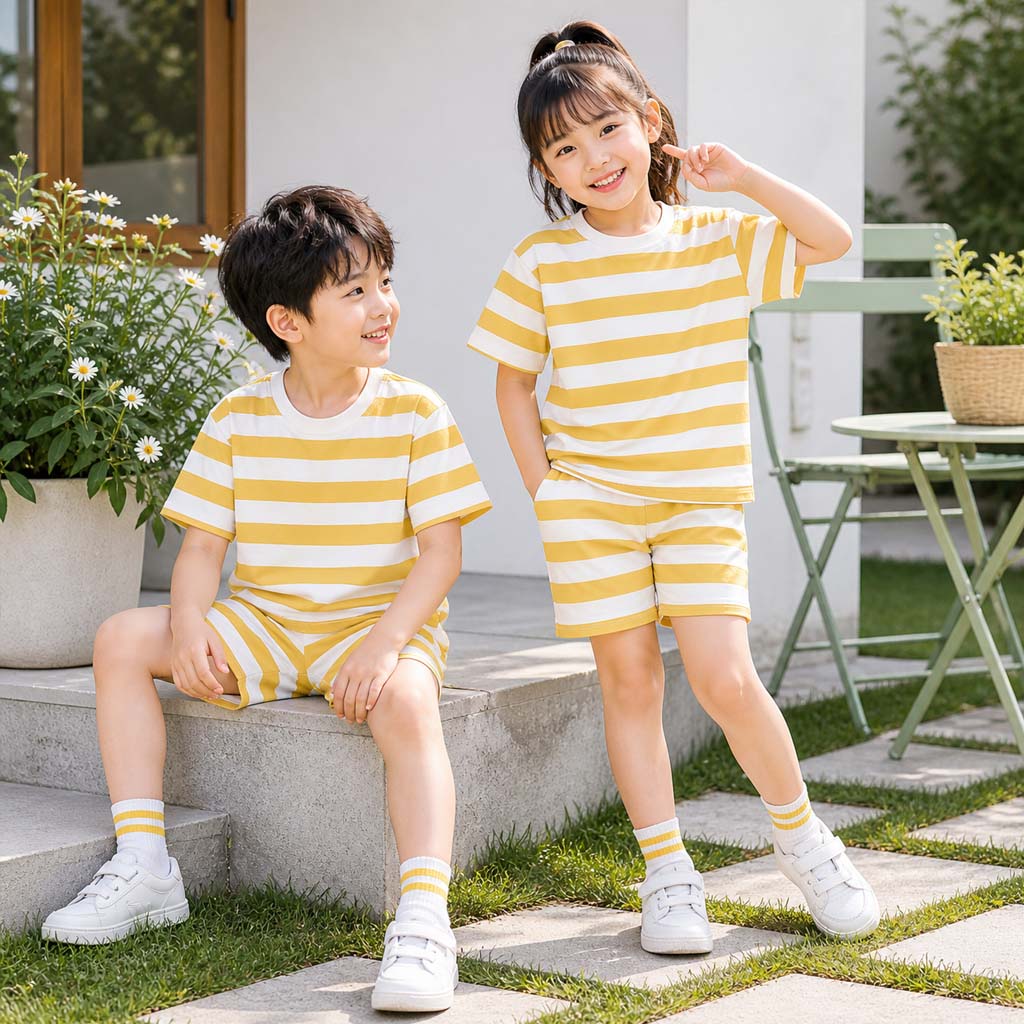 Yellow Kid's Stripe Printed 2-Pcs Summer Suit. KSPS-01