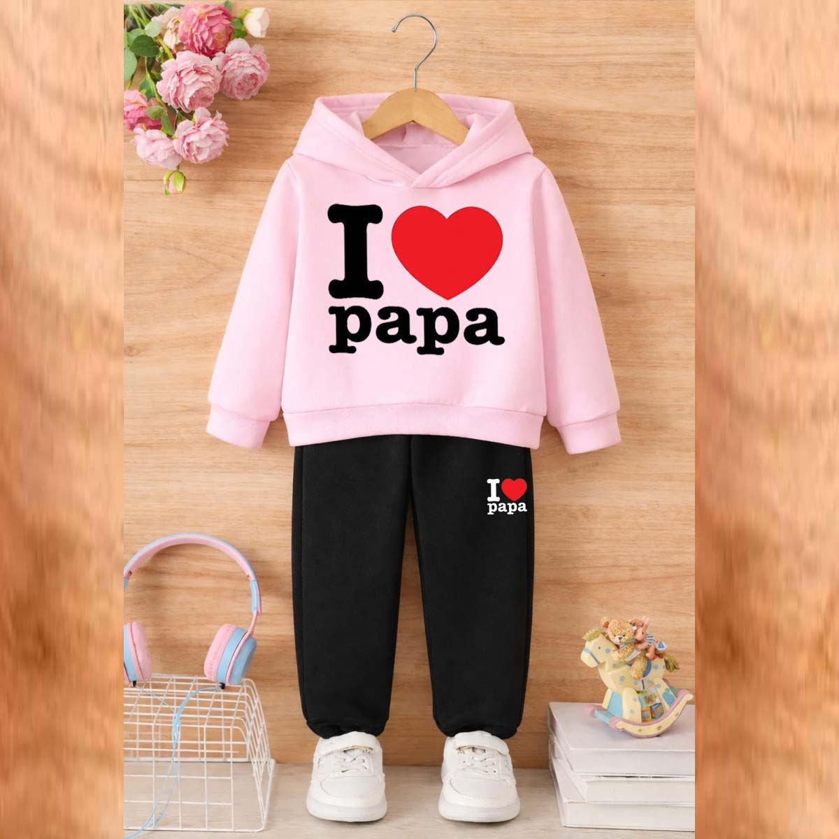 I Love PAPA Kids Hoodie Style 2-Pcs Winter Tracksuit. KWTS-01