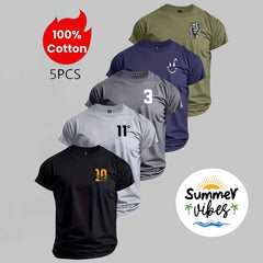 Bundle Of 5 R-Neck Half Sleeve PL-Printed Summer Tshirt's. (Black-Navy-H.Grey-C.Grey-Green)