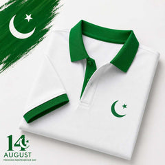 Bundle Of 2 Contrast Collar Style Hold Flag Logo Printed Azadi Polo Tshirt. V2 (White-CT+Green-Hold.Flag) (Copy)