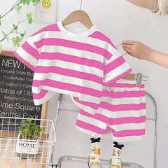 Stripe Style Printed 2-Pcs Summer Suit For Baby & Baba.
