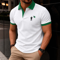 White Contrast Collar Style Hold Flag Logo Printed Azadi Polo Tshirt.