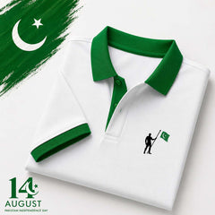 Bundle Of 2 Contrast Collar Style Hold Flag Logo Printed Azadi Polo Tshirt. V2 (Green-CT+White-Hold.Flag)