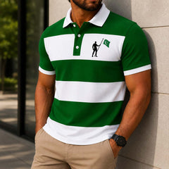 Green Patch-Work Contrast Collar Style Hold Flag Logo Printed Azadi Polo Tshirt. A14-01