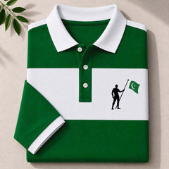 Green Patch-Work Contrast Collar Style Hold Flag Logo Printed Azadi Polo Tshirt. A14-01 V2