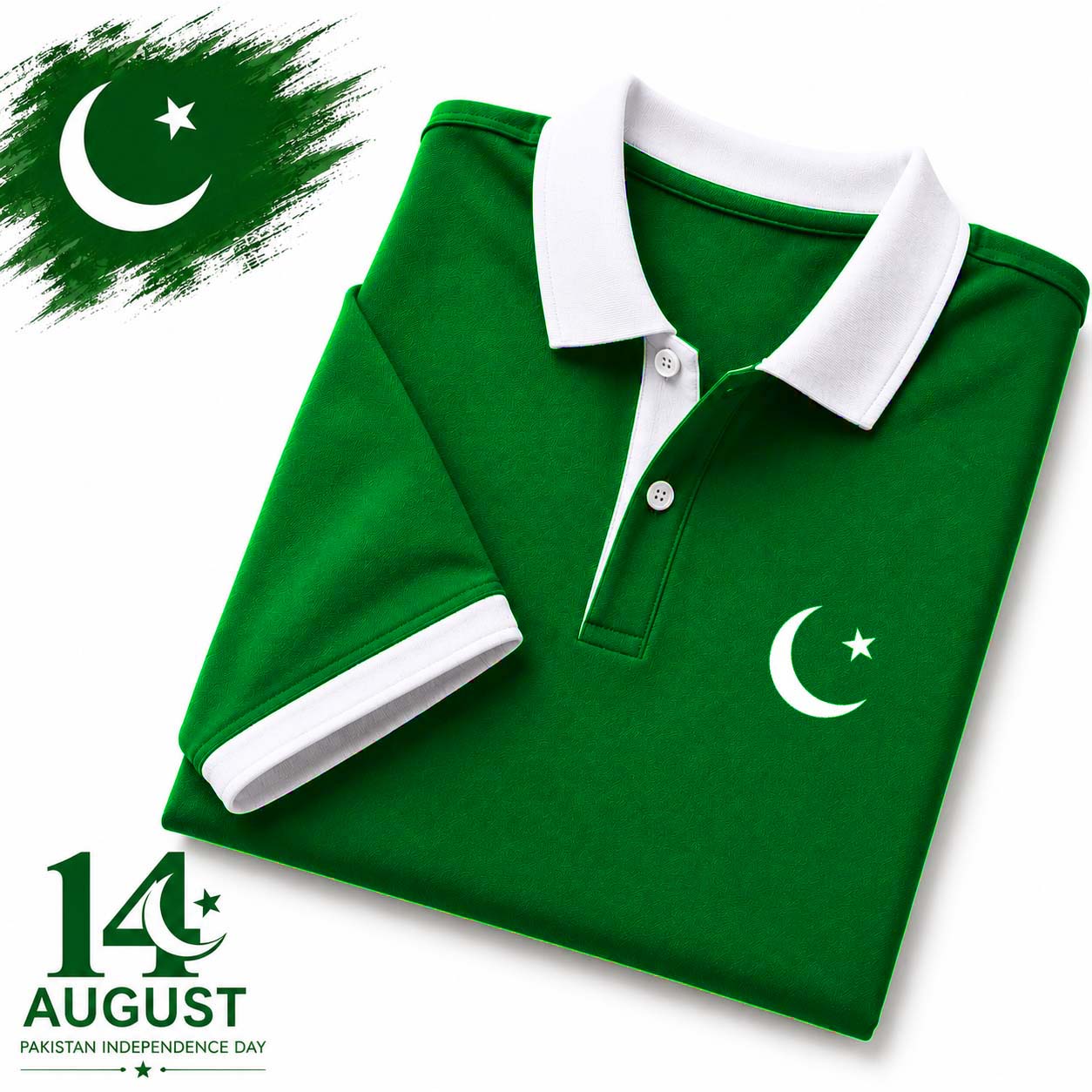 Bundle Of 2 Contrast Collar Style Hold Flag Logo Printed Azadi Polo Tshirt. V2 (Green-CT+White-Hold.Flag)