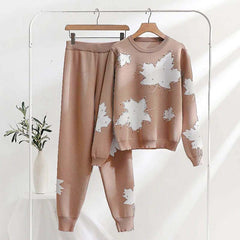 Skin Pearls Work White Leaf Printed Premium Quality Winter 2-Pcs Tracksuit For Her. WWTS-02