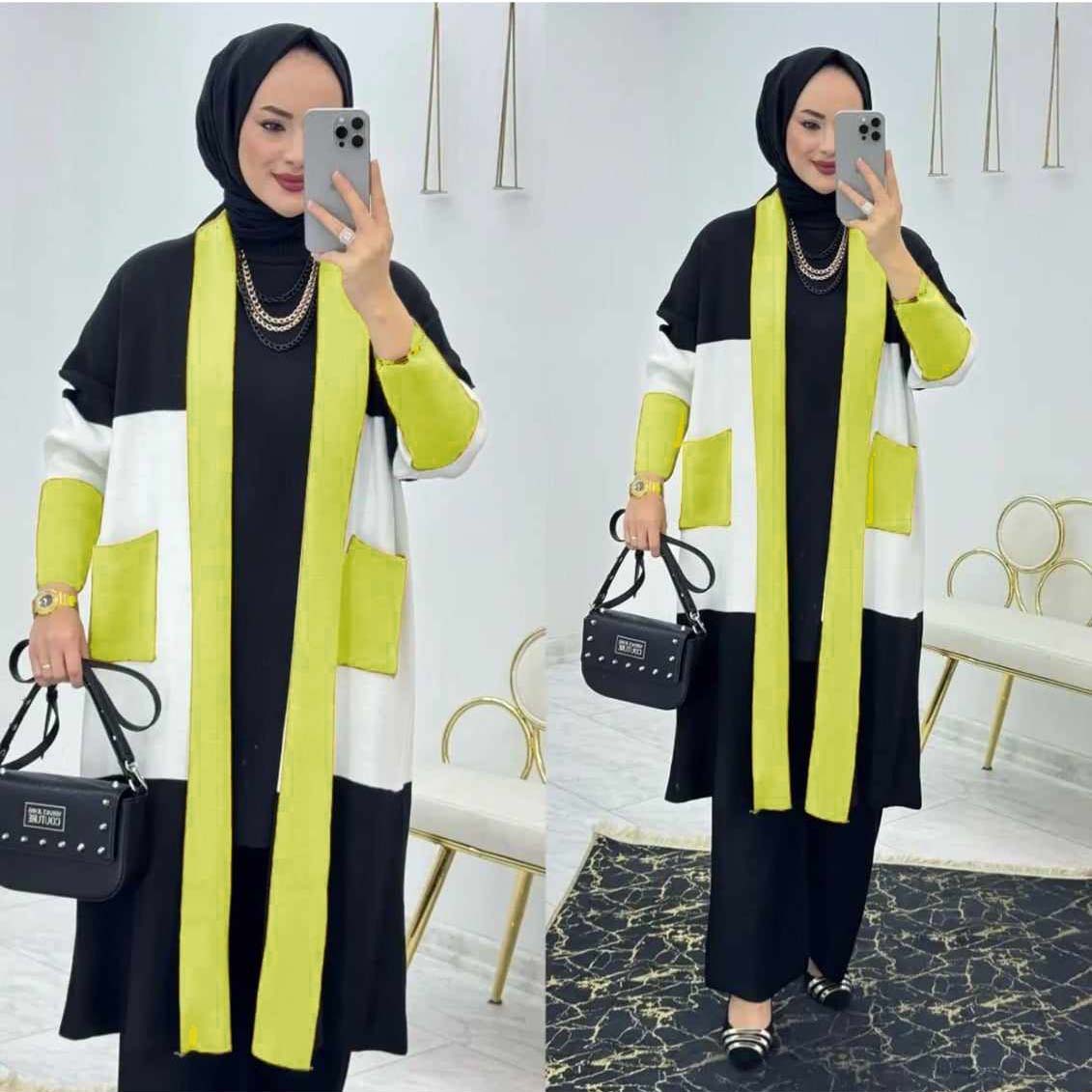 Black Turkish Patch-Work Gown Style 3-Pcs Winter Co-Ord Set. WWTS-11